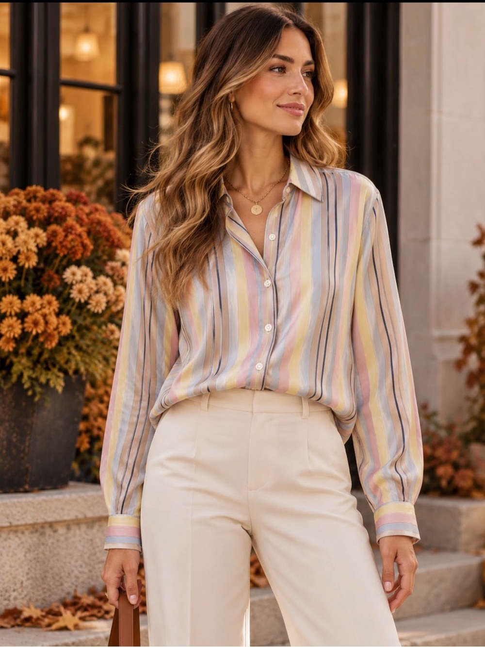 Vintage Ciao Ltd 100% Silk Pastel Striped Button Down Shirt Blouse Preppy